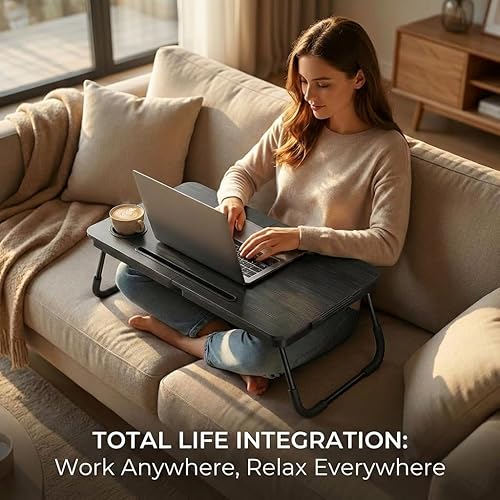 Miniatura 4 de BUYIFY Escritorio plegable para laptop para sofá, mesa de escritorio grande con soporte para tazas y ranura para tableta, soporte portátil para