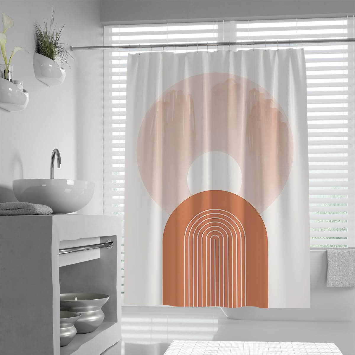 Uiringart Shower Curtains Terracotta Boho Geometric Rainbow W180xl200cm Abstract Minimalist Anti Mould Waterproof Bathroom Shower Screen With Hook