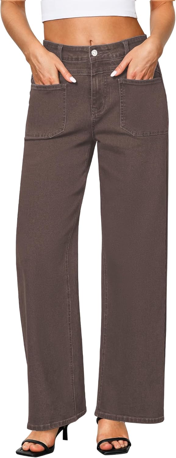 GRAPENT Wide Leg Jeans for Women Trendy High Waisted Loose Straight Leg Stretchy Retro Denim Pants with Pouch Pockets