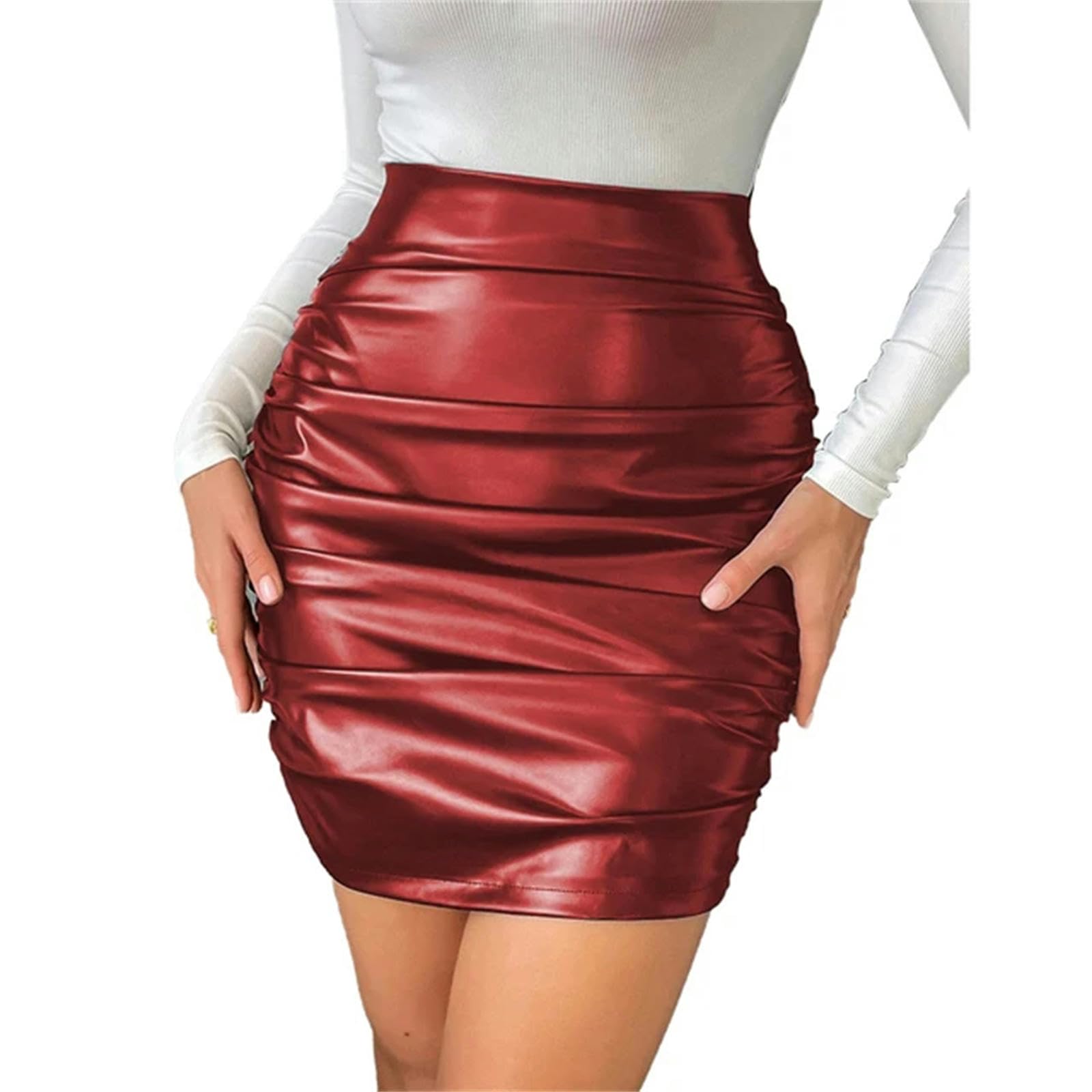 Rock Damen Damen Rüschen Pu Leder Bleistift Rock Mode High Taille Mini Kleid-Burgund-XXL