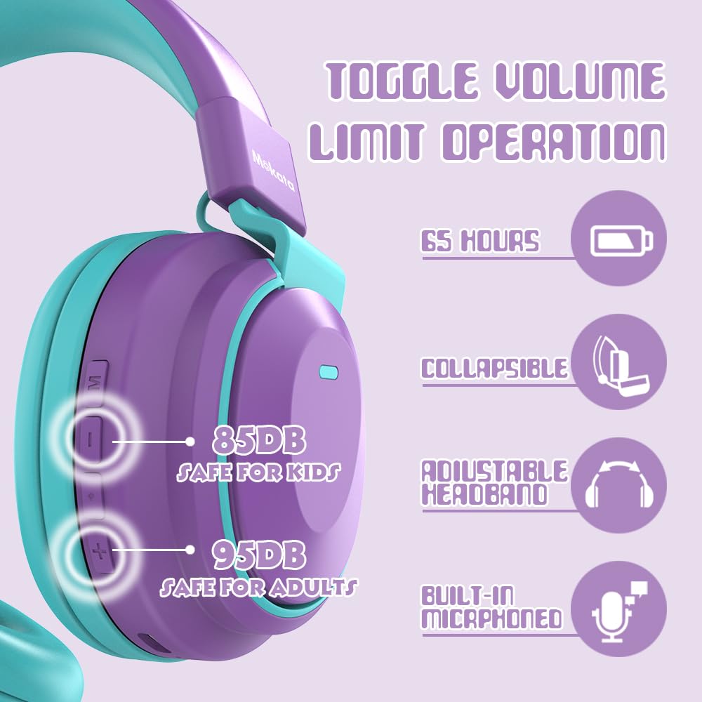 Mokata Casque Bluetooth sans fil pour enfants, volume limité, 85/110 dB, pliable, avec câble Shareport, câble auxiliaire 3,5 mm, microphone pour iPad, ordinateur portable, garçon, fille, voyage,