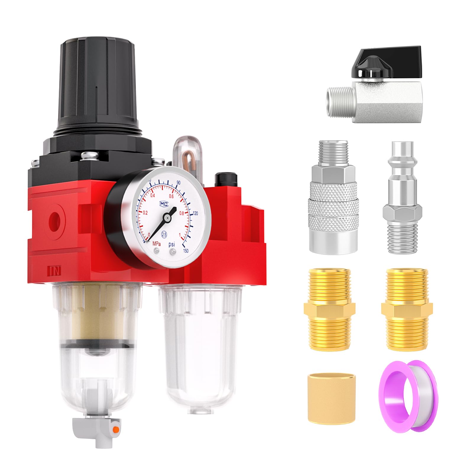 MEANLIN Air Compressor Moisture Filter, AC2010-02M Air Line Filter, 1/4" NPT Inlet with 150 PSI Gauge and Valve Shut Off Switch for Air Tools and