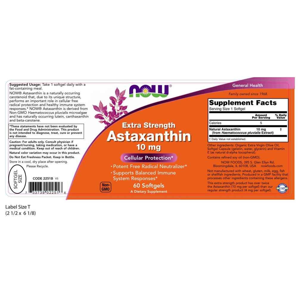 NOW Supplements, Astaxanthin 10mg, Extra Strength,derived from NonGMO