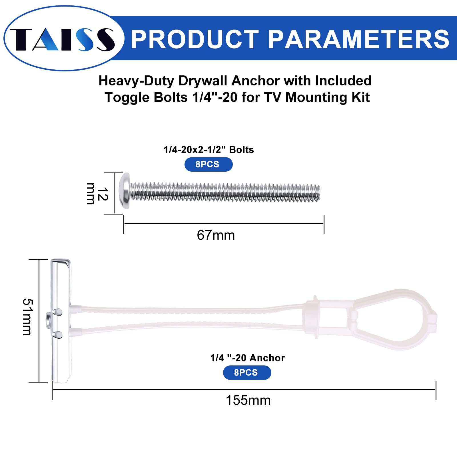 Taiss Drywall Anchors - 265lb Heavy Duty Toggle Bolts -2 Taiss Drywall Anchors - 265lb Heavy Duty Toggle Bolts -2