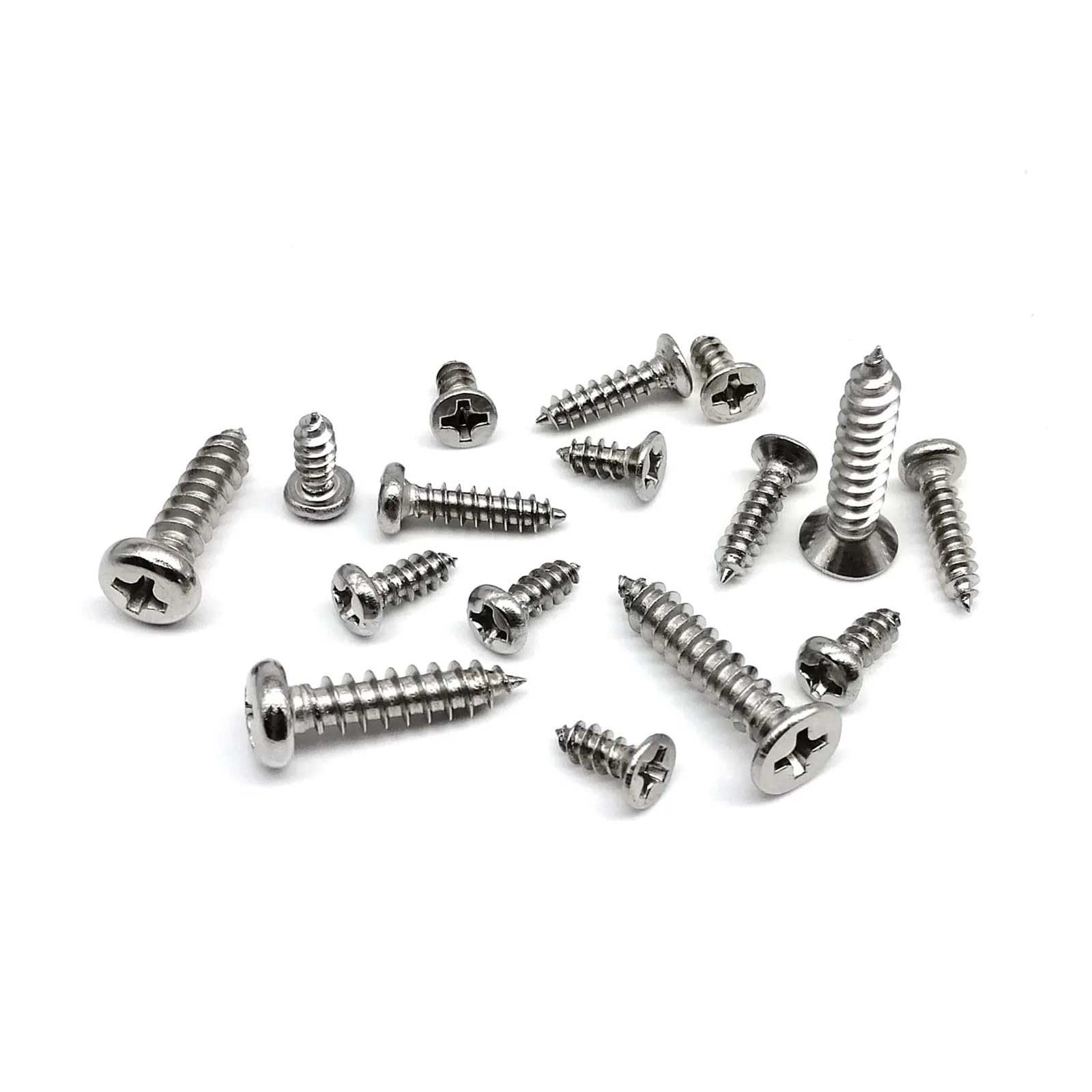 1 Kit Mix Größen M1.2 M1.4 M1.7 M2 M3 M4 Flache Senkkopf Rundkopf Selbstschneidende Holzschrauben Set 304 Edelstahl(Countersunk 1010pc)