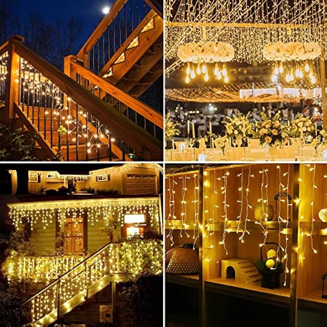 kemooie 400 LED Outdoor Curtain Lights, 26.2FT x 3.3FT Curtain String Lights with 8 Shining Modes for Indoor Ceremony Birthday Christmas Party Bedroom Balcony Roof Decorations (Warm White)