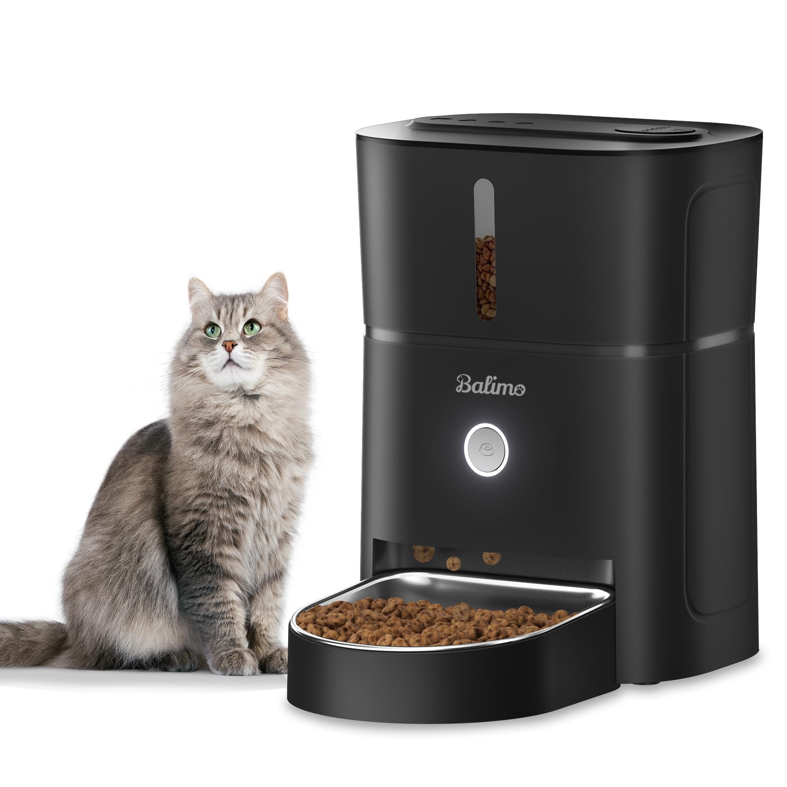 Balimo Luck 3L Dispensador Comedero Gato Automatico,Comedero AutomáTico para Gatos Y Perros con Bol De Granos De Acero Inoxidable Y Temporizador Programable, 1-6 Comidas (Negro)