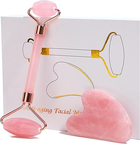 HOTACE Juego de rodillos de jade Gua Sha, rodillo de jade de cuarzo rosa natural para belleza facial, herramientas de masajeador facial, Rosa