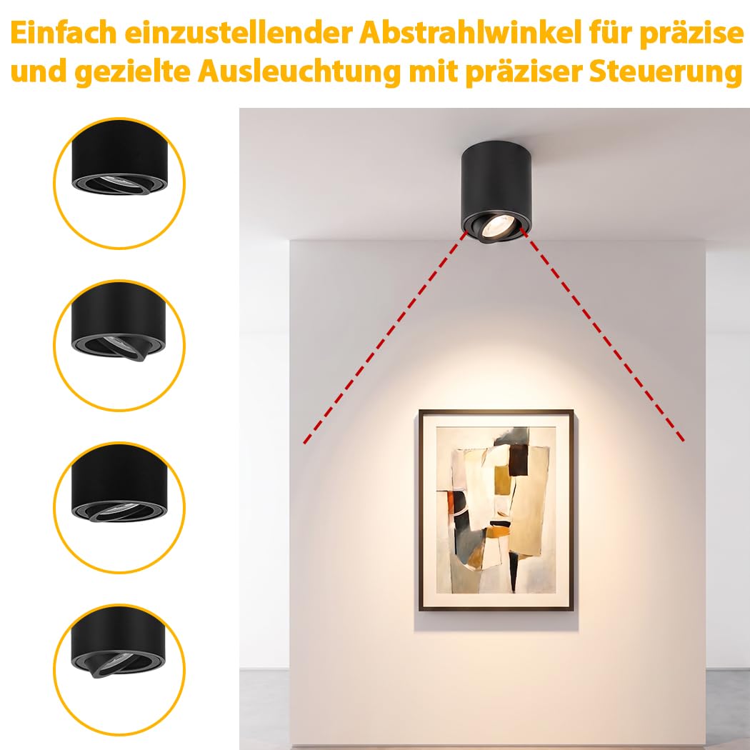 Aufbauspot Deckenstrahler mit Schwenkbarem Kopf,Runde Flach Spots Deckenleuchte Dimmbar mit GU10 Set Inkl Leuchtmittel,3 CCT umschaltbar,Modern Deckenspots Schwarz 80x85mm für Küche Bad,4er Set