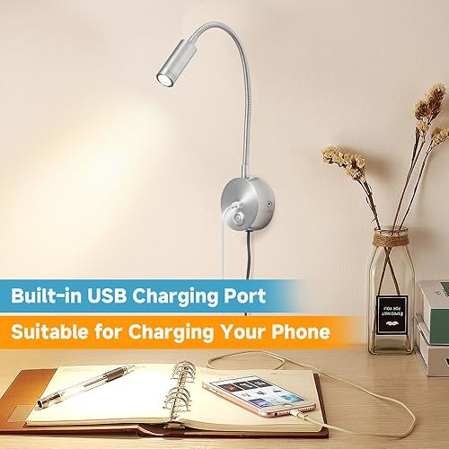 Miniatura 5 de Luz de lectura regulable montada en la pared con puerto de carga USB, luz de lectura LED enchufable, lámparas de pared con cuello de cisne flexible,