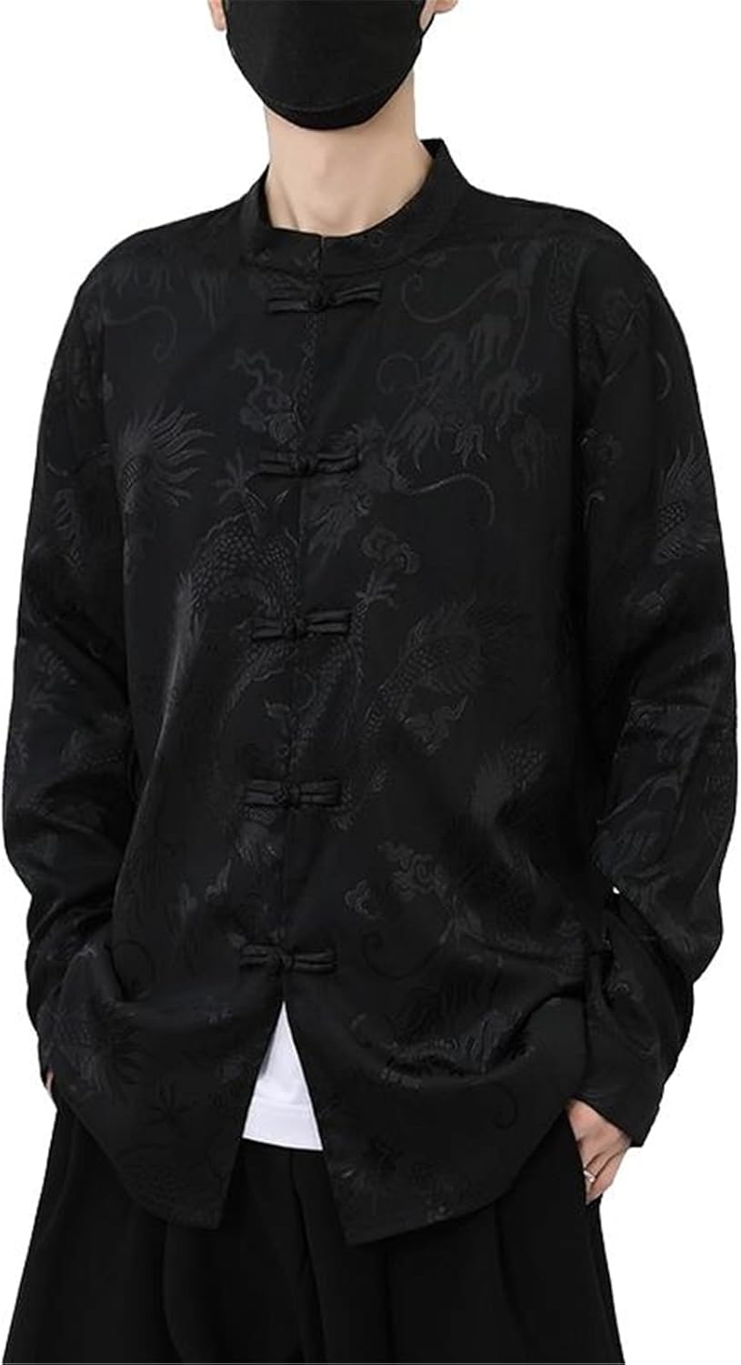 Long Sleeve Shirt Men's Spring Fall Vintage Loose Stand Collar Zhongshan Suit Tang Suit