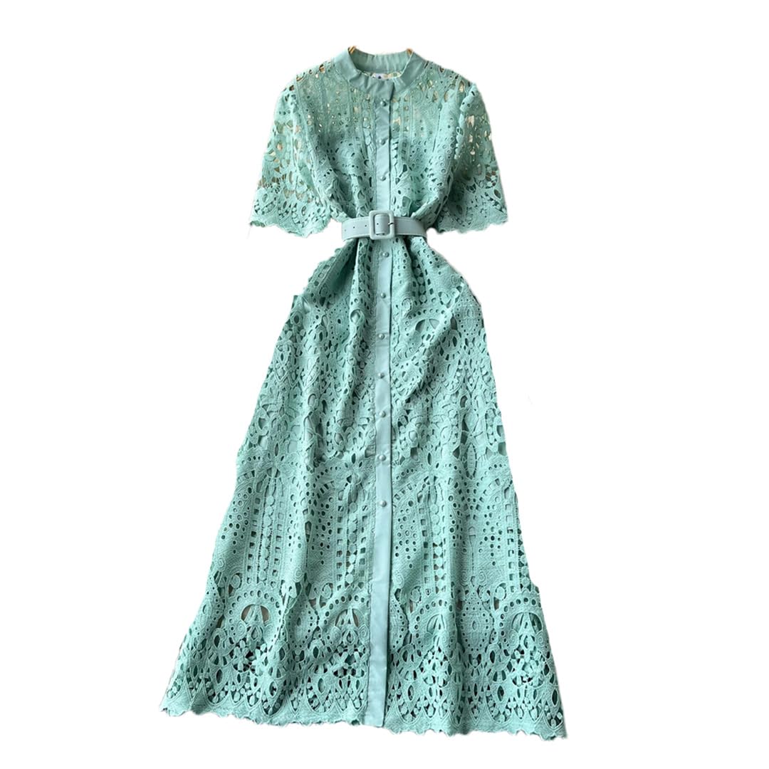 Womens Solid Color Crochet Hollow Dress French Stand Collar Short Sleeve Single-Breasted Robe