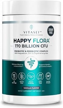 VITASEI Happy Flora Probiotic Prebiotic Powder 170 Billion CFU with Magnesium and Zinc for Gut Health and Metabolic Support Women and Men 16 oz 22 Servings