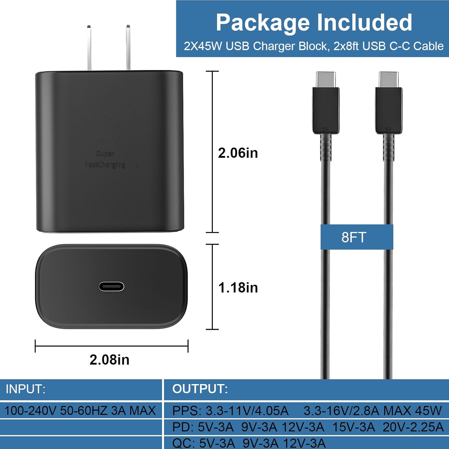 Type C Charger Fast Charging, 45W USB-C Super Fast Type C Wall Charger for Samsung Galaxy S26 S25 S24 S23 Ultra/S26 S25 S24 S23 S22 S21S20/Note 10/20, PPS Android Charger Block with 8FT Cable-Black
