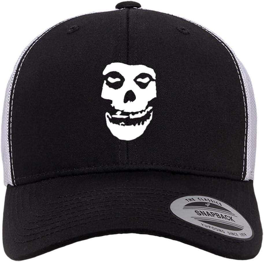 Mari Kyrios Misfit Heat Pressed Fiend Skull Black on White Curved Bill Hat - Adult Mesh Trucker Snap Back Cap