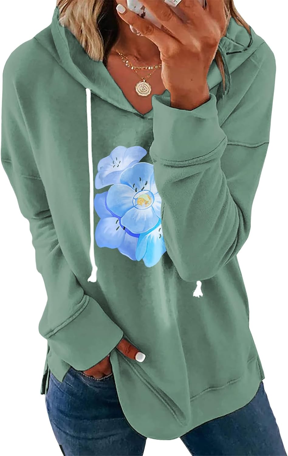 Womens Black Floral Print Hoodie Long Sleeve Cotton Blend Pullover Sweatshirt Loose...