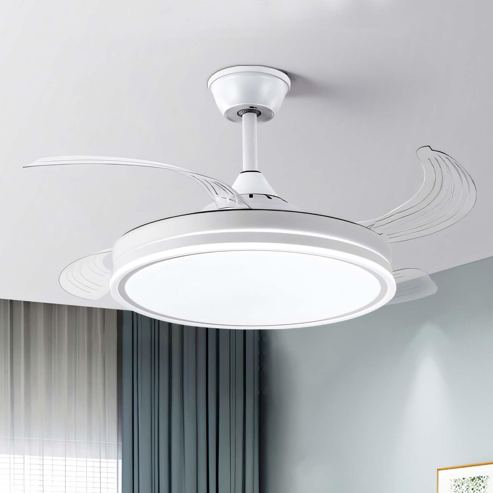 SXDMOUBK Silent Dimmable LED Ceiling Fan with Remote Control 6 Speed Retractable Reversible Light Smart Modern Timer for Bedroom & Living Room - 115cm White