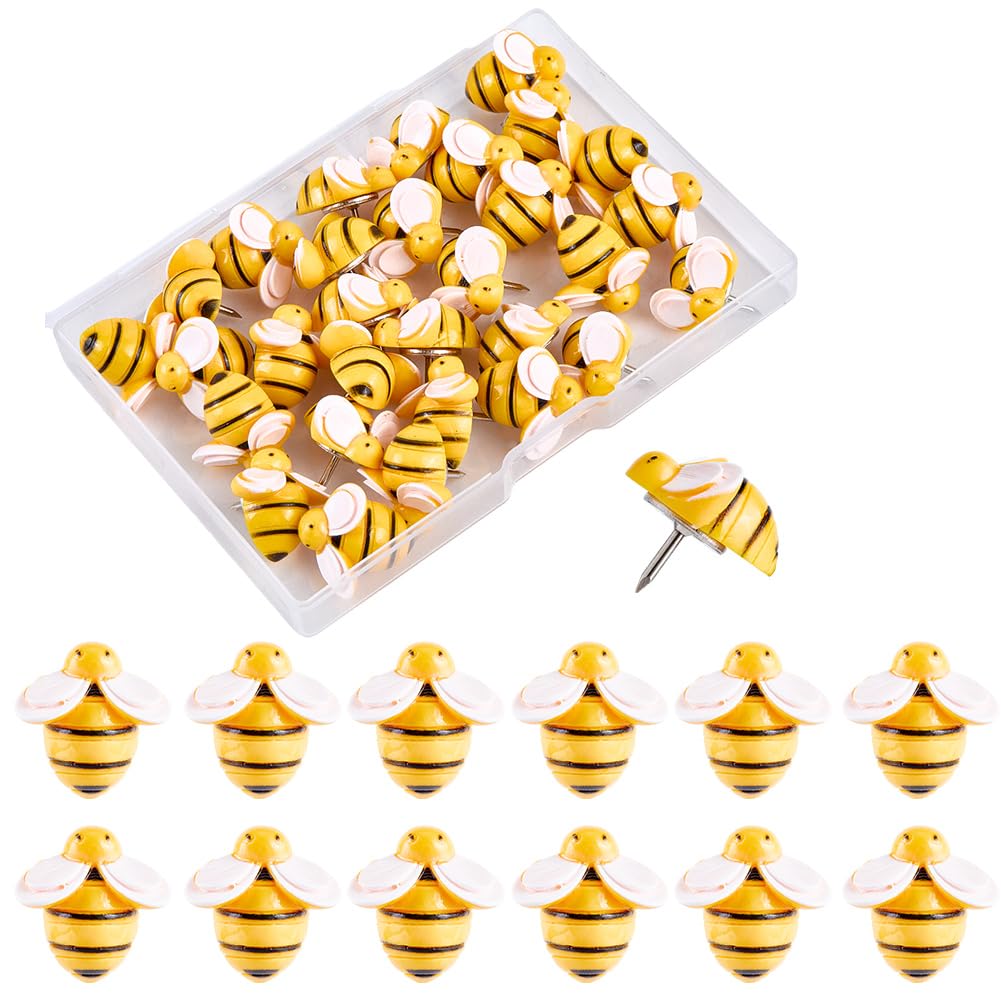 SUNNYCLUE 1 Box 30Pcs Bees Pushpins Bee Thumbtacks Bulk Cute Resin Funny Spring Insect Cork Board Fasten Tack Decorative Pushpins for Bulletin Board Hanging Picture Photo Home Office Wall Decoration