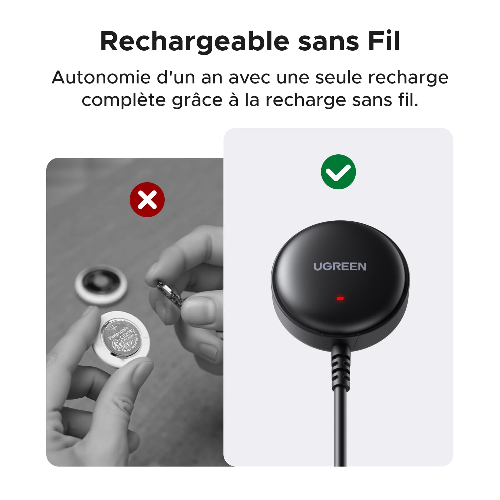UGREEN FineTrack Mini avec Recharge sans Fil iOS Uniquement | Traceur Bluetooth, Compatible avec Apple Find My, Localisateur pour Clés, Valises