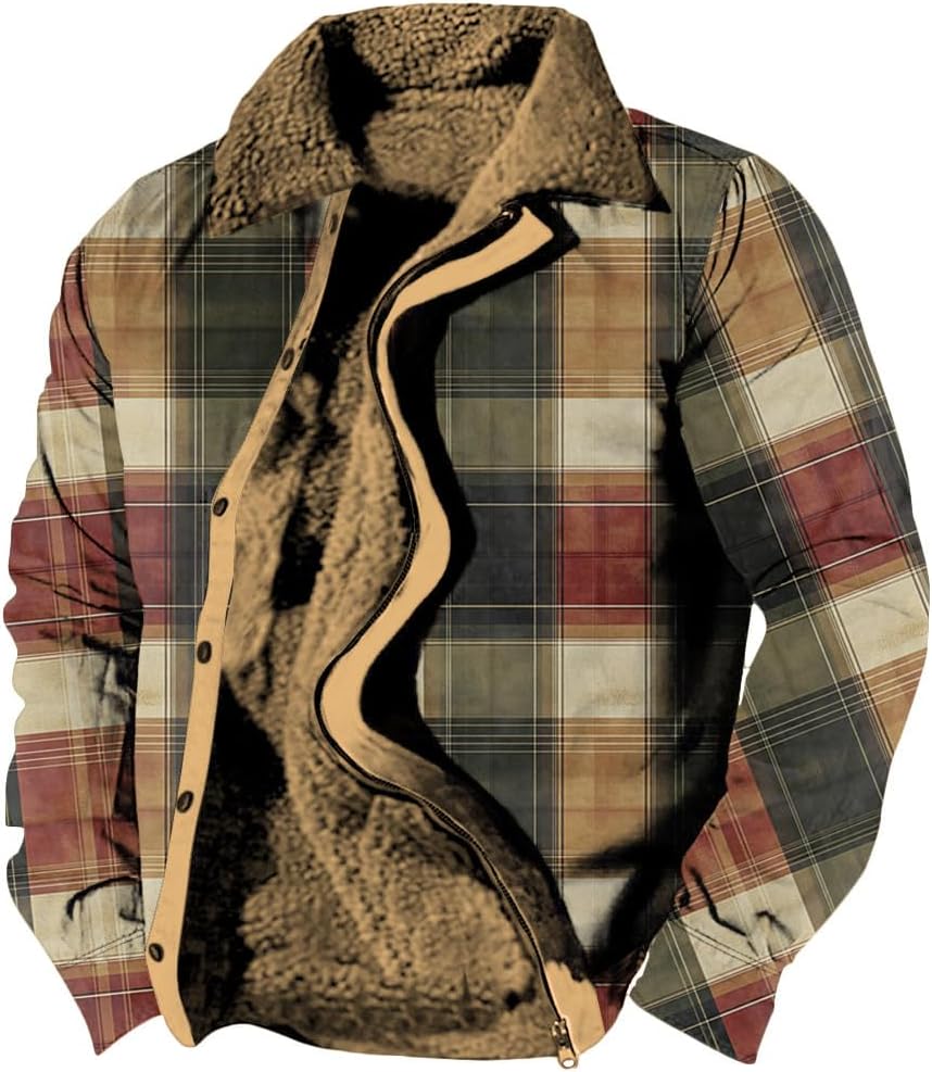 Vintage Washed Checkered Print Graphic Jacket Men's Autumn/Winter Lapel Zipper Fleece Lined Soft Coat Jacket