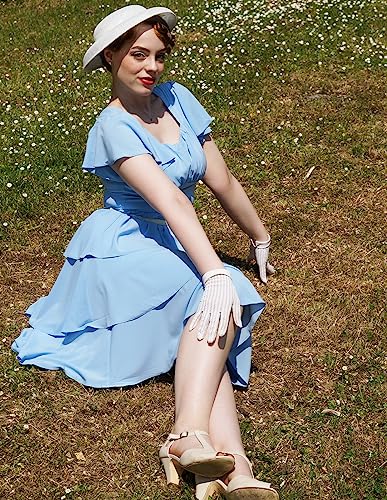 Image of Belle Poque Women's Vintage Square Neck Dress 2026 Summer Short Sleeve Layered Tiered Ruffle A-line Swing Midi Dress