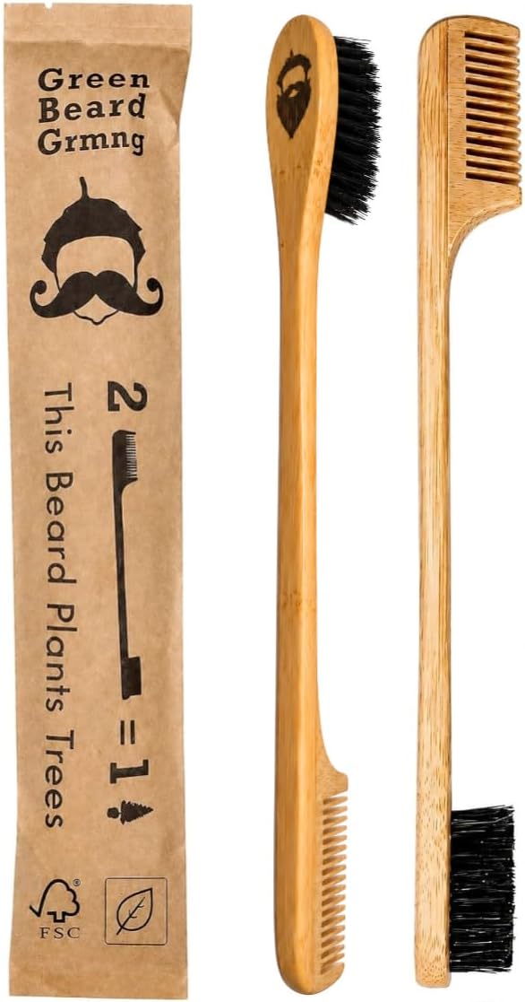 2-in-1 Sapling Mustache Brush & Comb (2-pack) from Green Beard Grmng - Boar Bristle & Bamboo