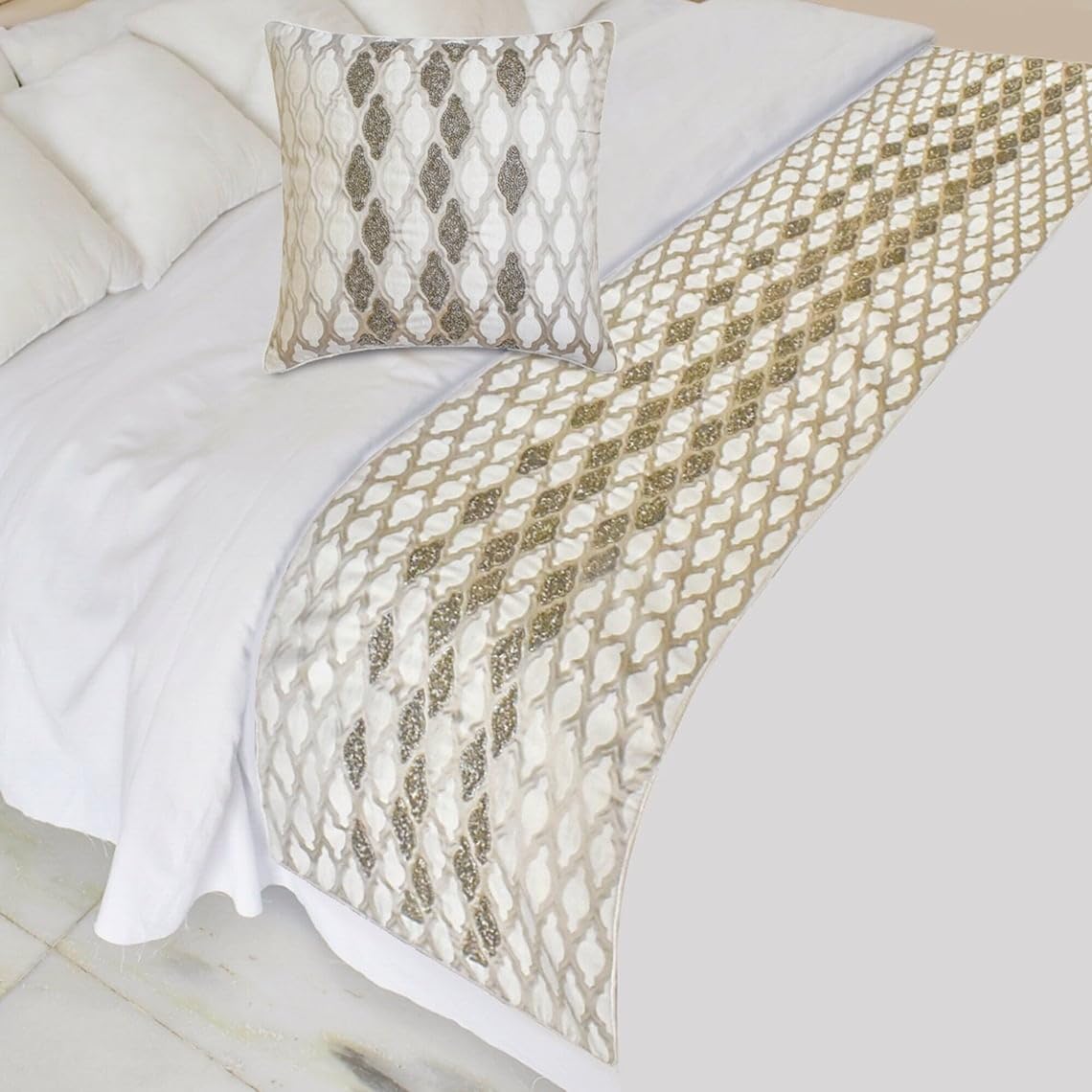 The HomeCentric King Queen Twin Ivory Decorative Twin 53x18 Bed Runner Without Pillow Cover Bead Hand Embroidery Bed