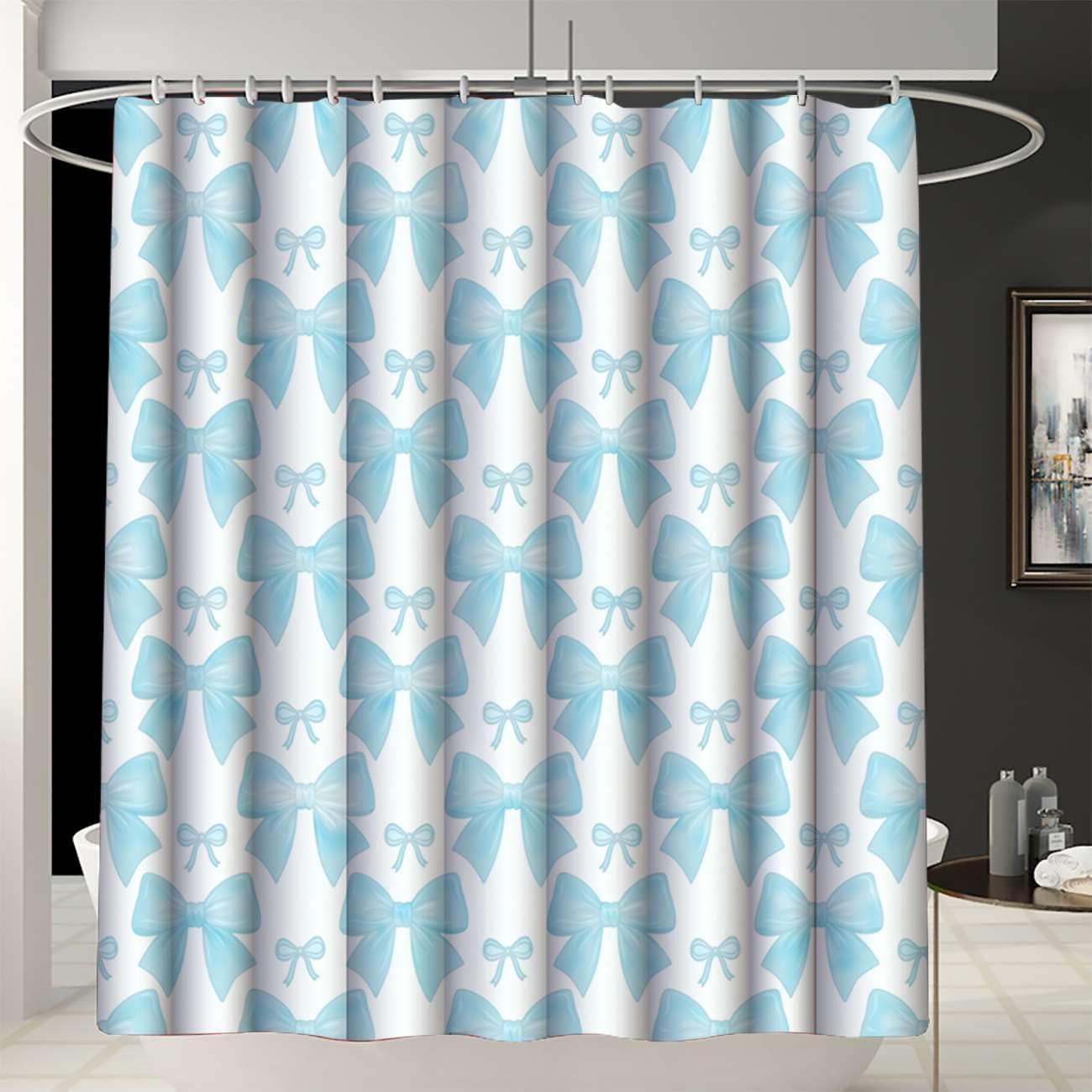 4 Pcs Teal Bow Shower Curtain Set, Girls Bathroom Set with Shower Curtain and Rugs Aesthetic Girly Bathroom Decor for Girls Women Teens Accessory with Mats Toilet Lid Cover 12 Hooks image 4