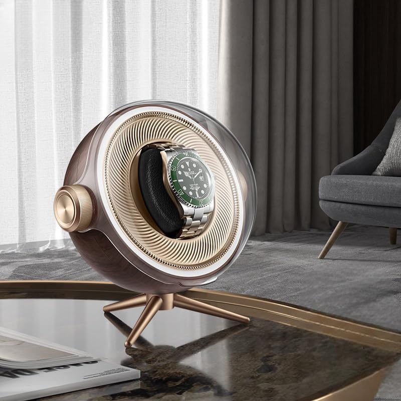 Automatic Watch Winder Single Watch Box, Wooden Finish Quiet Motor Rotation Display Case, Rechargeable Watch Winder with LED Light