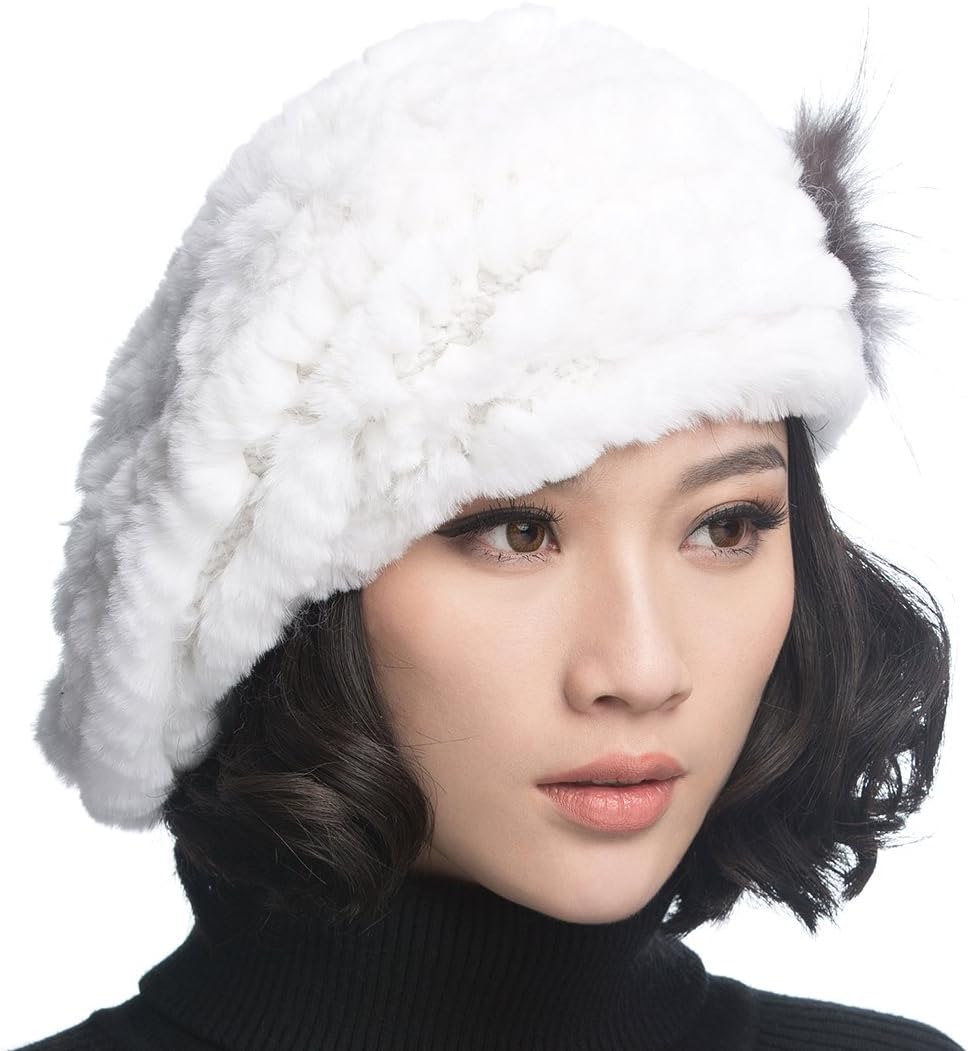 URSFUR Winter Women's Rex Rabbit Beret Hats with Flower