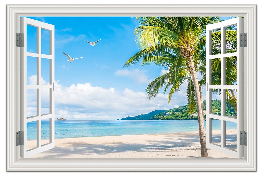 Beach Pictures Wall Art Decor Ocean Canvas Painting for Living Room Window Frame Style Tropical Palm Tree Wall Art Blue Seascape Prints Beach Seagulls Theme Artwork for Bedroom Home Office Decorations