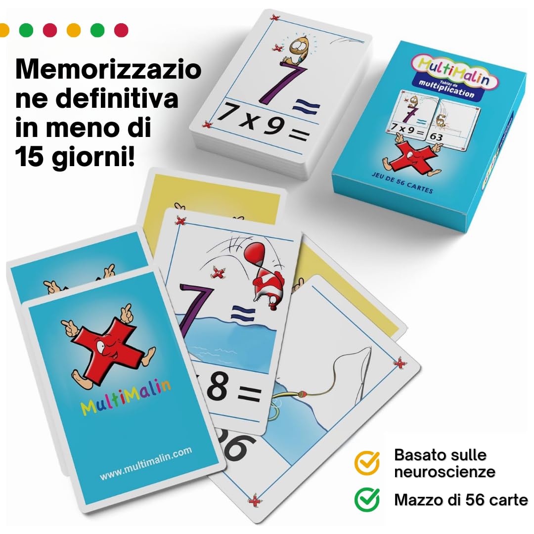 MultiMalin Tabellines per bambini - Tabelline Gioco : 1 DVD dei cartoni + Accesso Online - 1 libro di apprendimento - 1 set di 56 carte - 1 poster ; Metodo di Apprendimento per Tutti