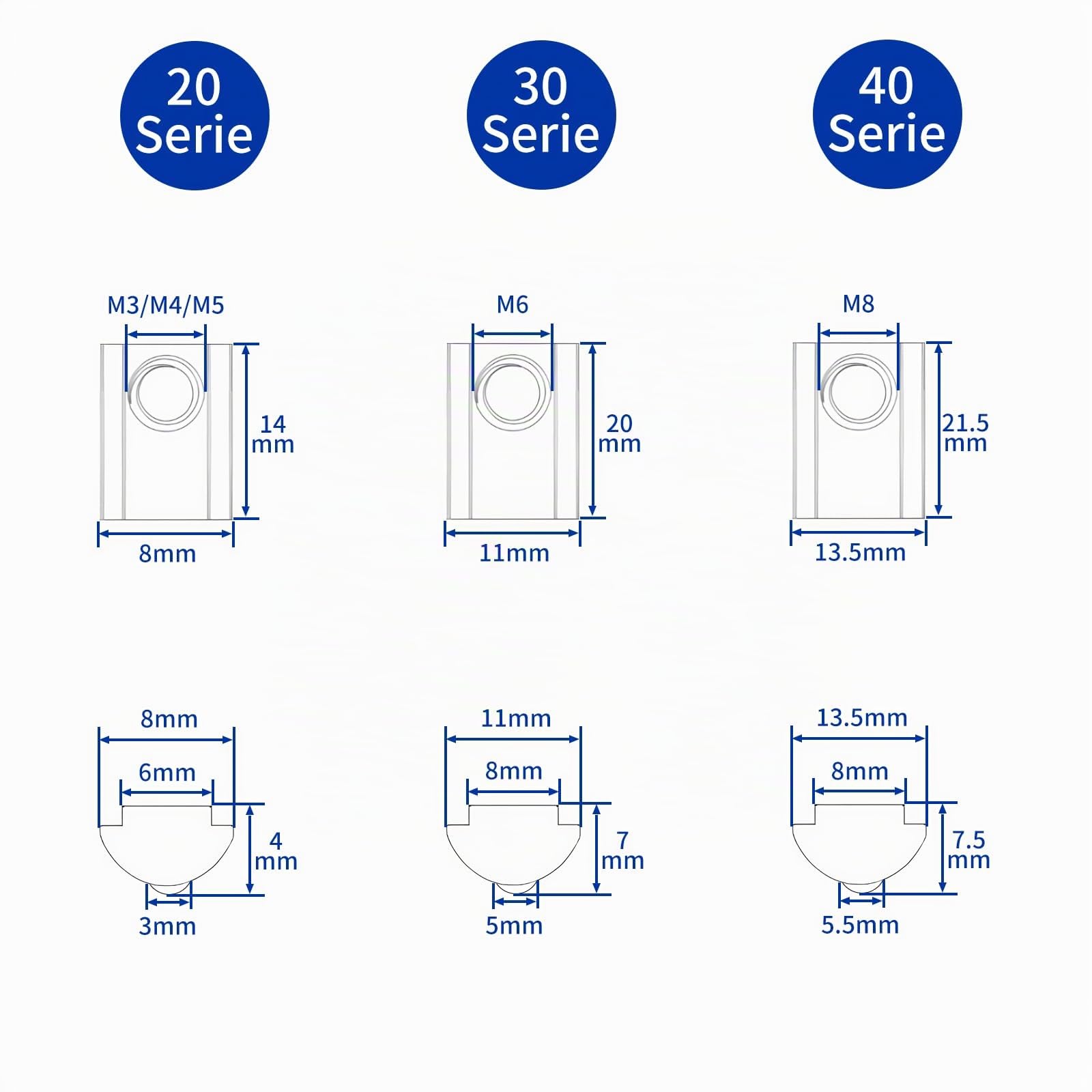 Lot de 30 écrous M8 centrage Rainure 8 T Série 40 M8 Aluminium 40x40 mm Écrou acier ressort