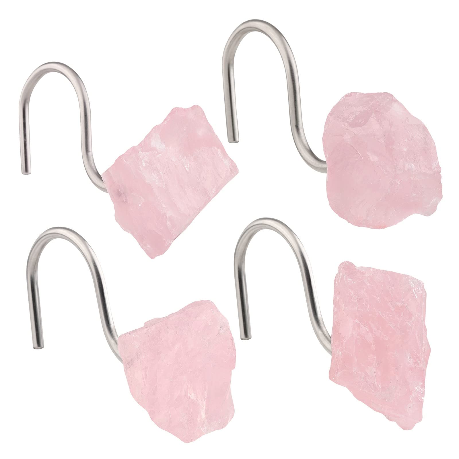 mookaitedecor Lot de 4 crochets de rideau de douche en cristal de quartz rose naturel, anneaux décoratifs en acier inoxydable pour salle de bain, décoration d'intérieur
