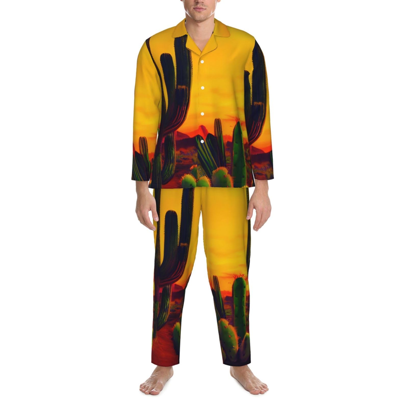 Herren-Pyjama-Set, langärmelig, Kaktus in Wüste, zweiteilig, bequem, Nachtwäsche