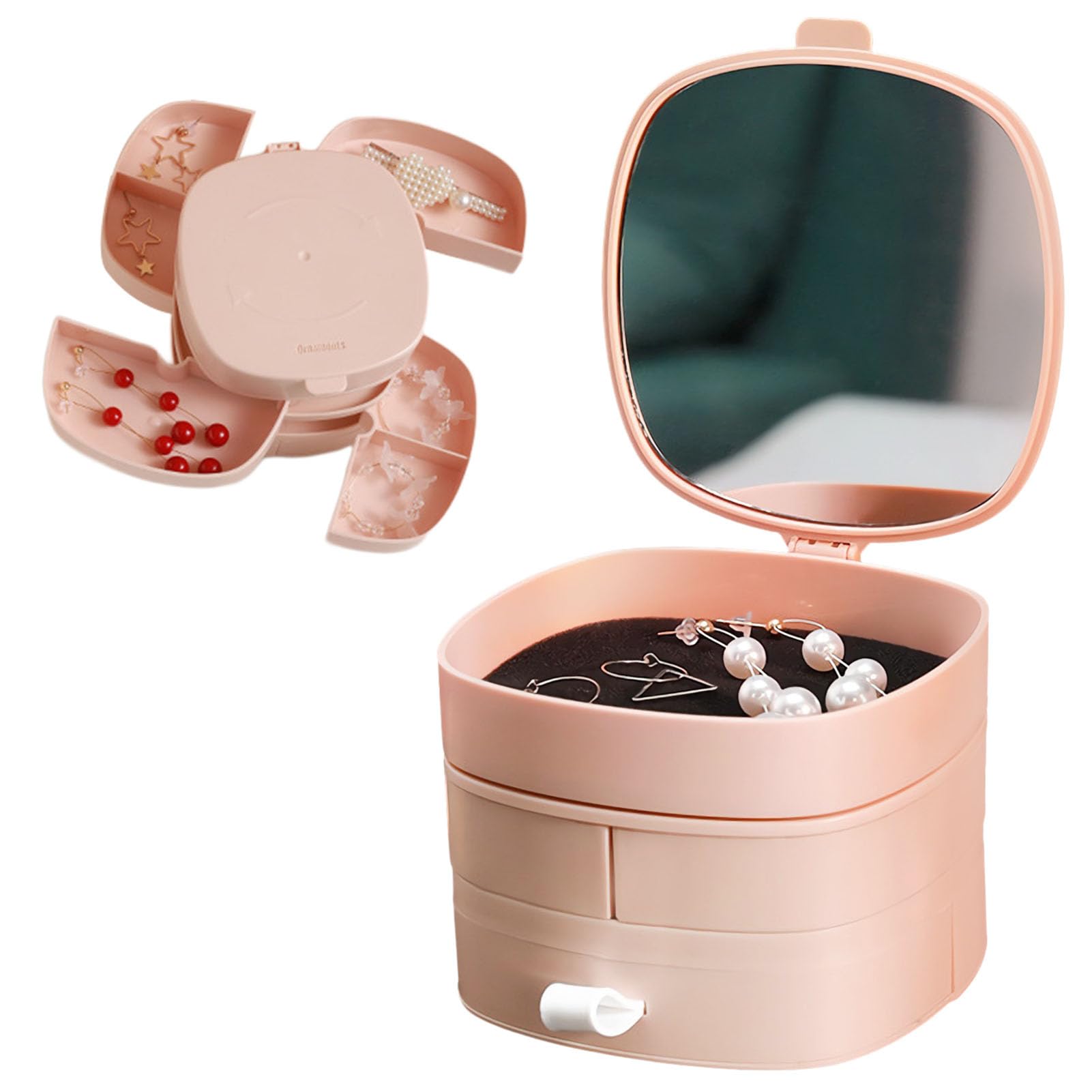 Jewelry Organizer Box, 360° Rotatable Storage Tray with Mirror and Lid, 3-Tier Classification Travel Storage Box with Drawers for Earrings, Rings, Hairpins Storage