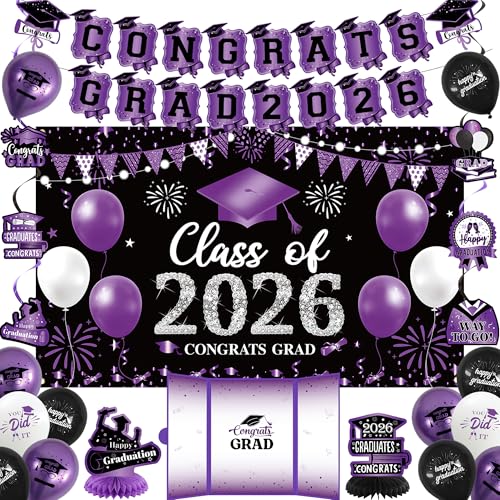 Image of Vlipoeasn Purple 2026 Graduation Party Decorations 2026 College /High School Graduation Decorations Party Supplies, Black and Purple Class of 2026 Congrats Grad Backdrop Banner Signature Book