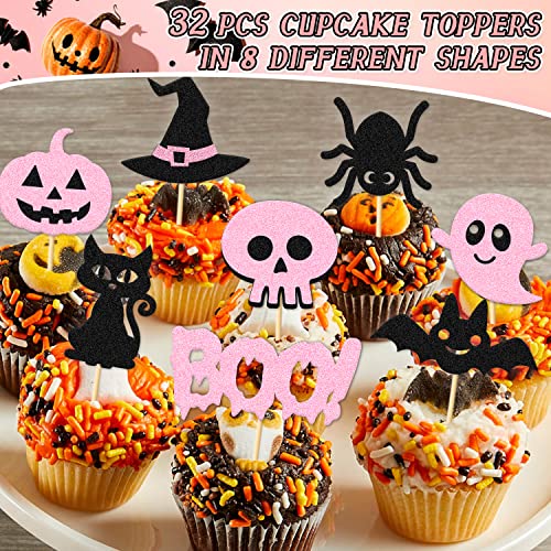 32 Pcs Pink Halloween Cupcake Topper Bat Boo Ghost Pumpkin Spider Cat Skeleton Witch Hat Theme For Gender Reveal Baby Shower Kids Girl Boy Party Supplies #TOP6