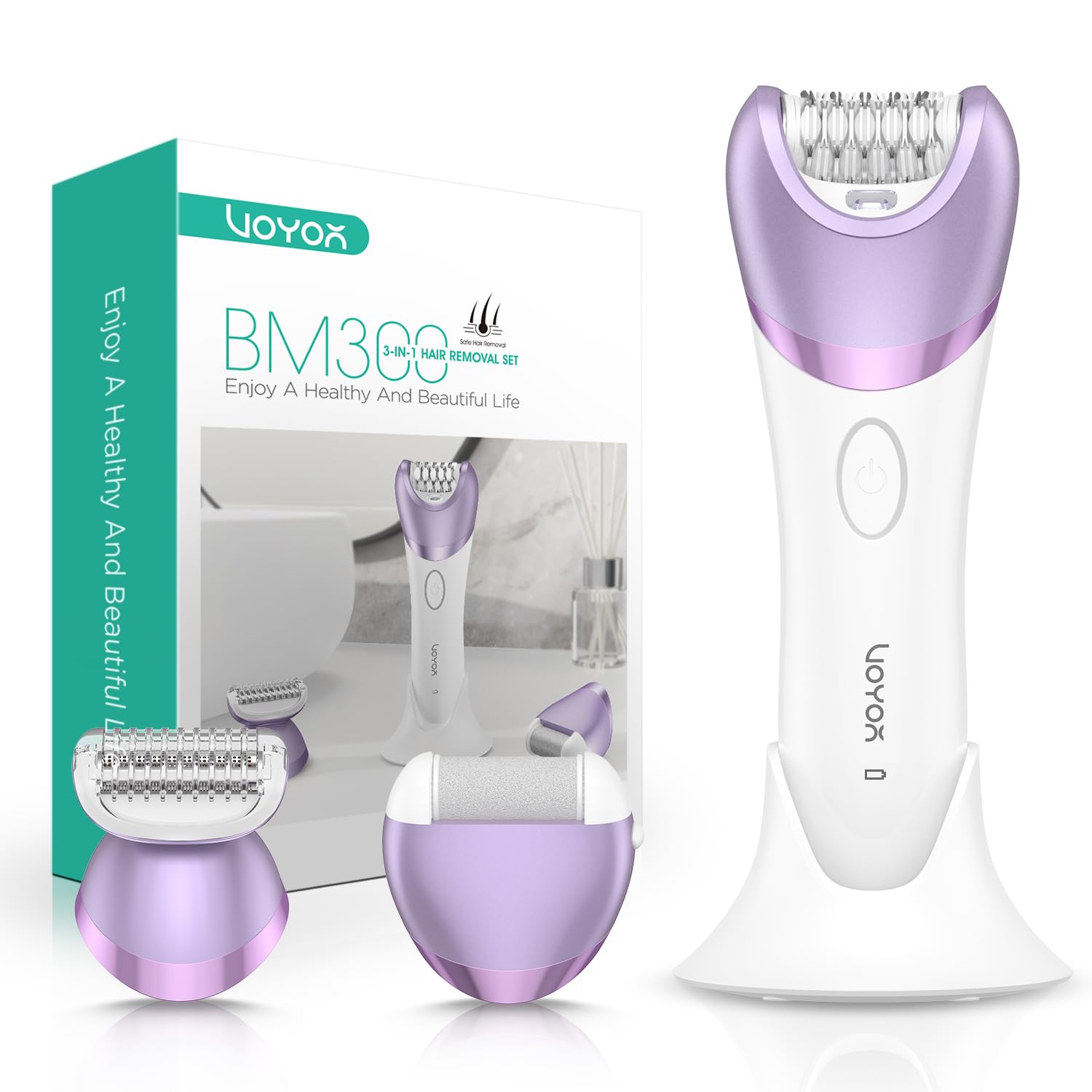 VOYOR Depilatore Donna, 3 in 1 Epilatore Elettrico Donna per Braccia Gambe, Rasoio Elettrico Donna, Epilatore Impermeabile & Ricaricabile, Coperto 30 Pinzette BM300 (Viola)
