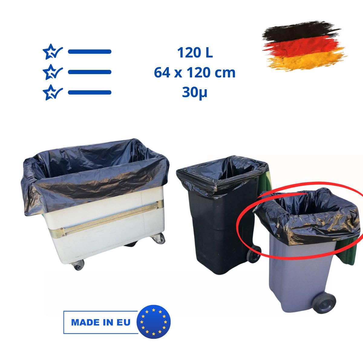 Sac Poubelle 120l X100 | Housses Protection Conteneur 120Litres | Certfié REACH et FSC | Epaisseur 30µ | Anti Saletés - Anti Fuite - Anti Odeur | Hygiène Propreté Collecteur Déchets