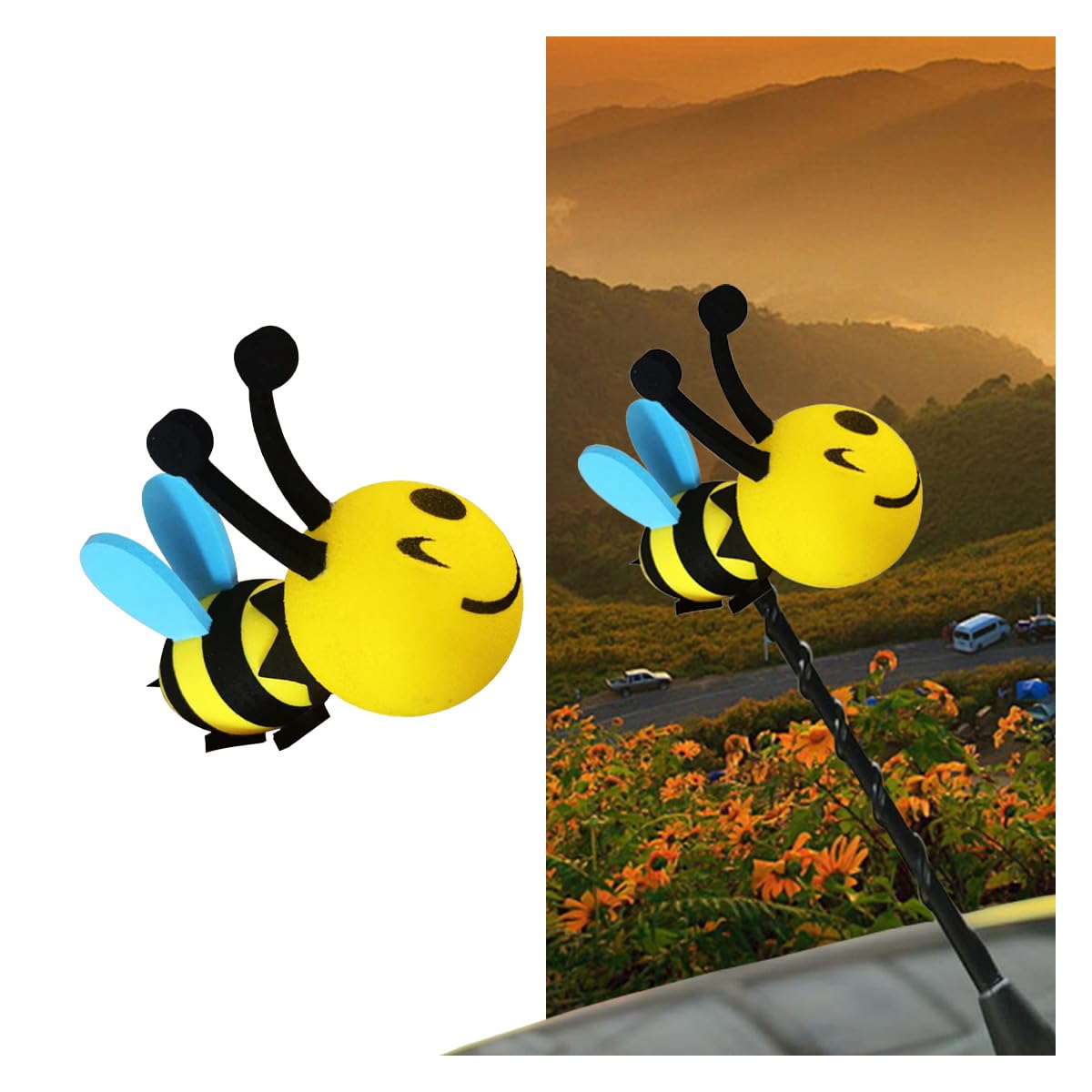 Happy Bee Car Antenna Topper, Cute Bee Automotive Antenna Ball, Easy to Find Car in The Parking Lot, Universal Car Exterior Accessories for Vehicle Truck SUV (Bee)