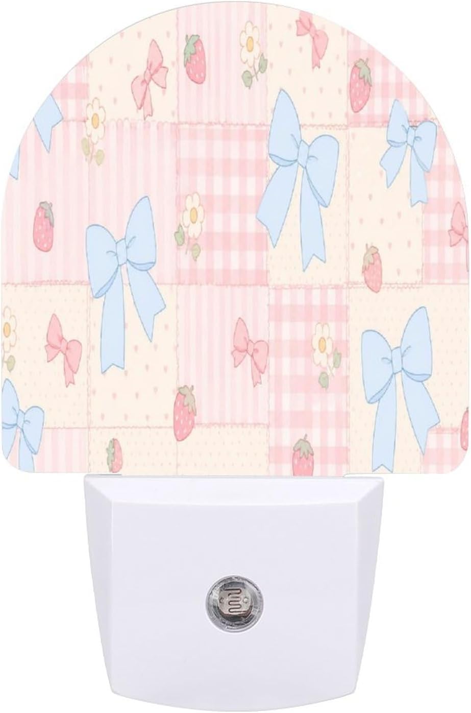 Pastel Patchwork with Bows and Strawberries LED Plug in Night Light, Auto Sensor Lamp for Bedroom Bathroom Hallway 4.4"x3"x2"