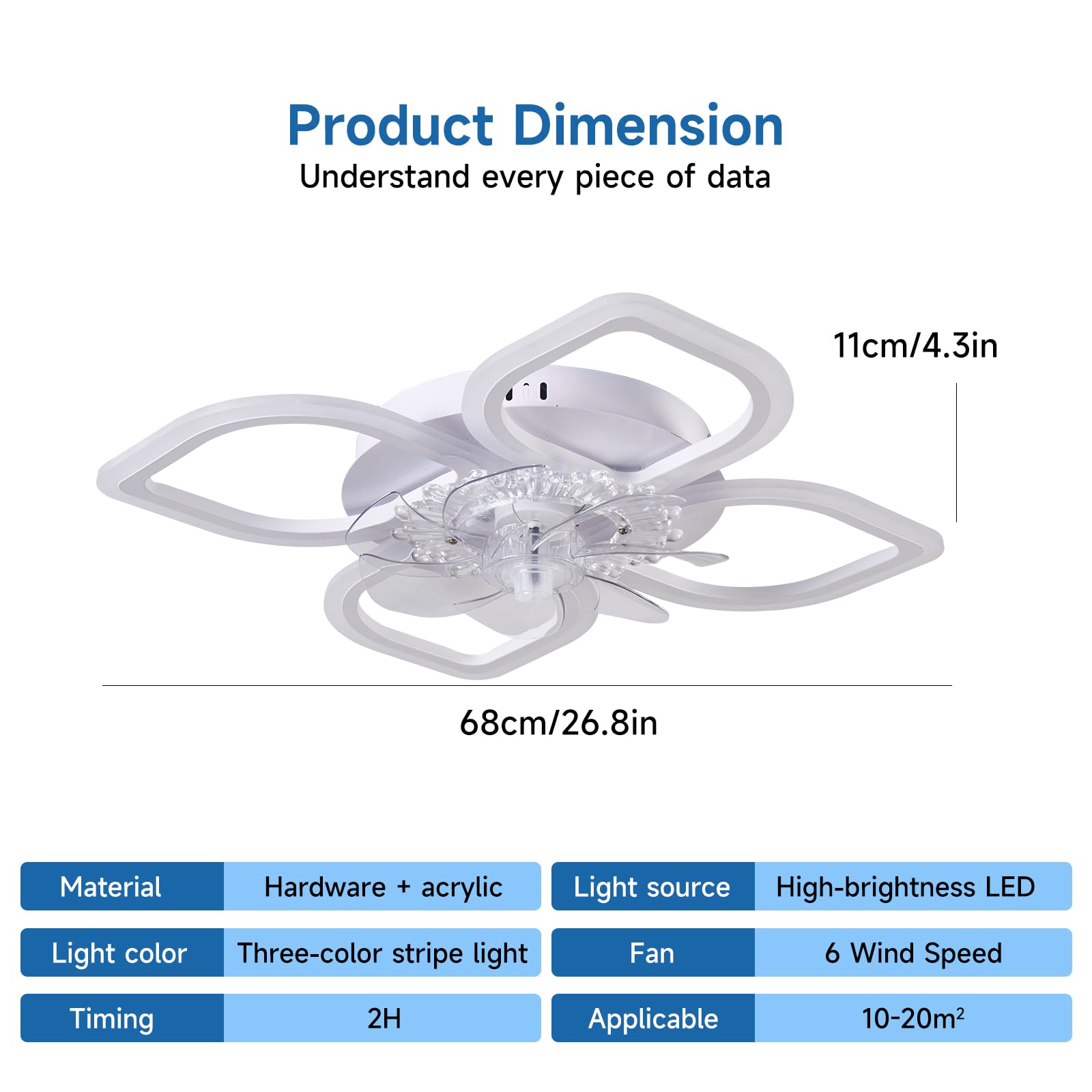 Deckenventilator mit LED-Beleuchtung 68cm, Weiß - 6 Geschwindigkeitsstufen, Dimmbare Deckenlampe für Wohnzimmer & Schlafzimmer, Licht & Ventilator Separat Schaltbar
