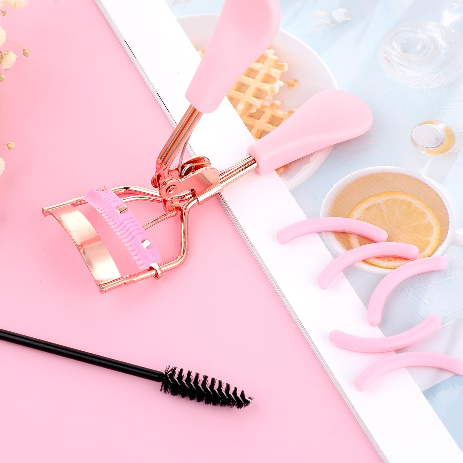 Rizador de pestañas de acero inoxidable con 10 almohadillas de repuesto de silicona, herramienta de maquillaje profesional con peine integrado para mujeres y niñas de todas las formas de ojos
