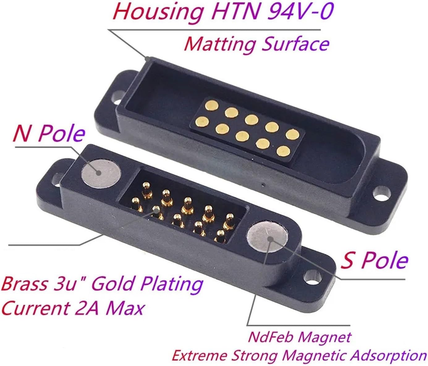 1/3/5 Pairs 2A Magnetic Connector 8 10 12 14 16 20 Positions Spring Loaded 2.54 MM Male Female DC Power Socket Contact(2x5Pin 90 degree,3 Pairs)