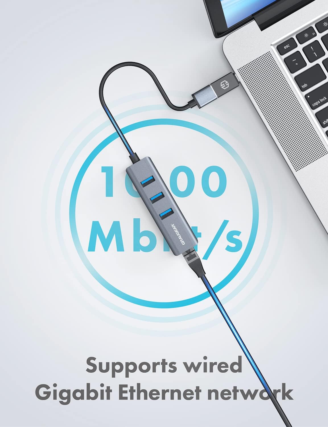 GRAUGEAR | 3 Ports USB 3.0 HUB + Gigabit Ethernet LAN RJ45 | USB-C | USB-A | Aluminium Housing | USB Type-C Adapter | USB LAN Adapter | G-HUB31L-A, Grey