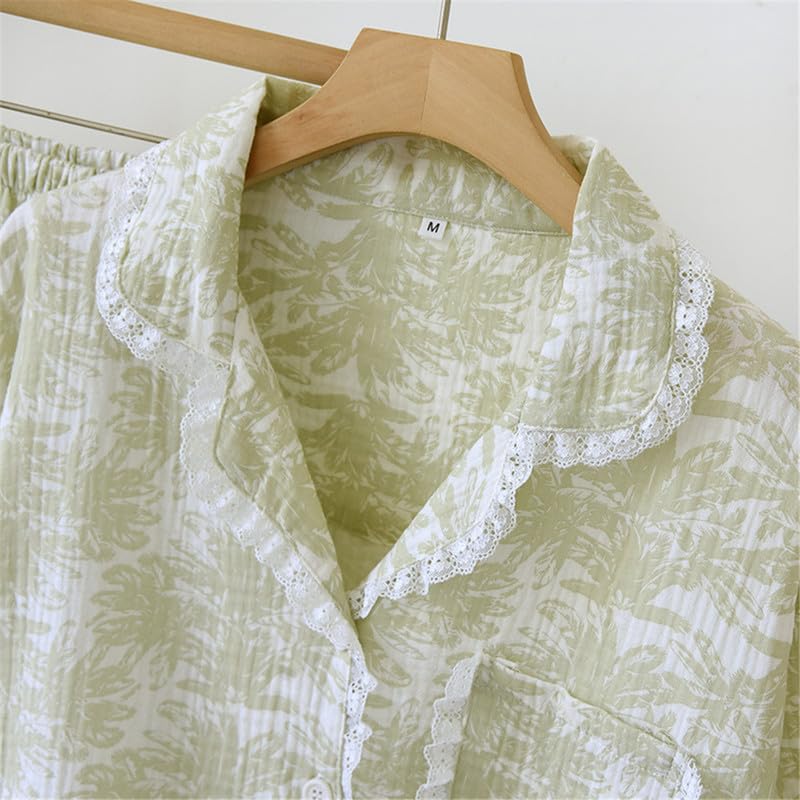 Shanghai Story Men's Notched Collar Short Sleeve Sleepwear Short Pants Pajamas Sets Lace PJS Green3