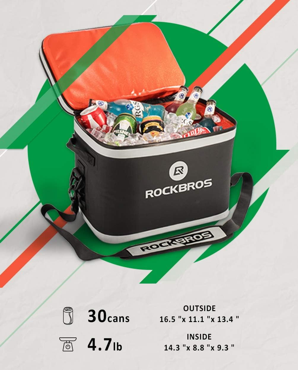 Rock BROS Soft Cooler 30 Can Insulated Leak Proof Soft Pack Coolers Waterproof Soft Sided Cooler Bag for Camping, Fishing, Road Beach Trip, Golf, Picnics