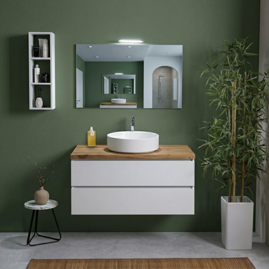 Kiamami Valentina - Mobile bagno sospeso 100 cm bianco con top rovere, 2 cassetti, specchio 100x60 con lampada, già assemblato