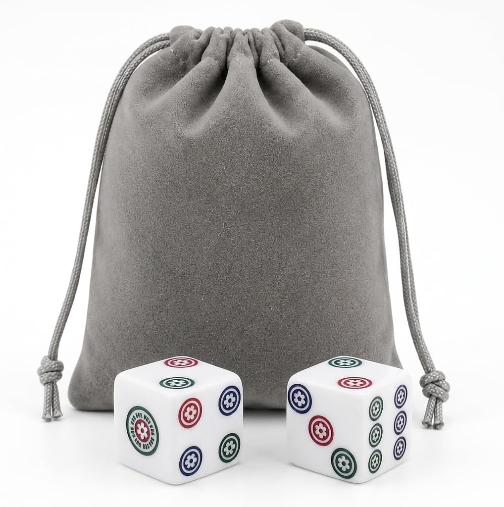 Mahjong Dice Set 2 Pcs Acrylic 20 mm with Gray Velvet Bag Dots